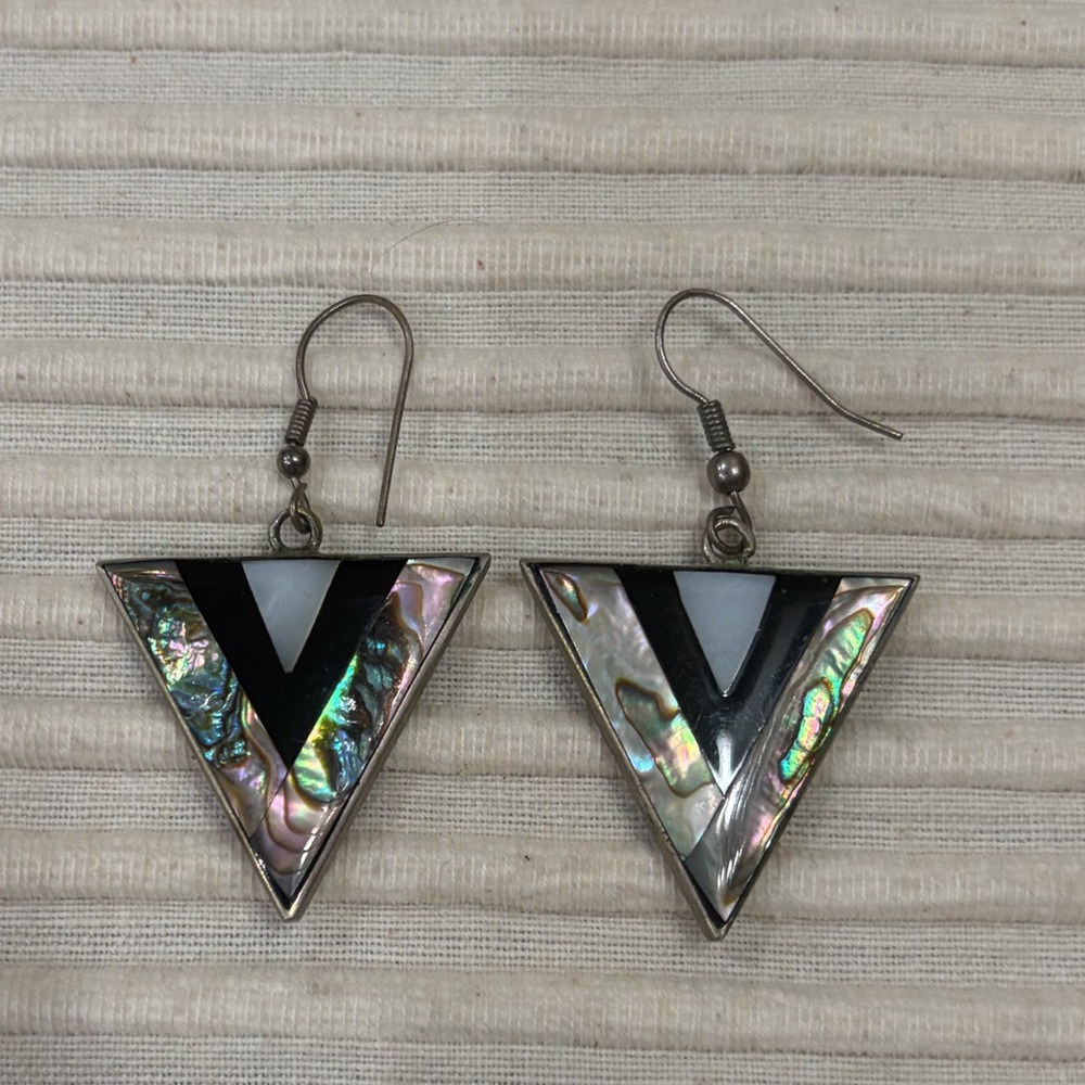 Vintage Alpaca Silver, Abalone ,Black stone & Mother of Pearl Triangle Earrings